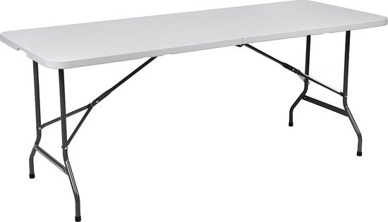 BRASQ Table pliante pliable blanche - 180x70x74cm- Table de camping - Table pliante - Résistante aux intempéries - Table avec poignée de transport