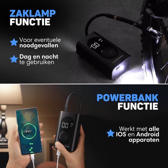 Vulpes Goods® Tech - Pompe à pneu portable à compresseur - 6400mAh - Pompe électrique pour vélo - Compresseur d'air pour voiture, scooter, vélo, ballon et lit pneumatique - 7 accessoires inclus - Lampe de poche - Powerbank - Mallette de voyage - PRO