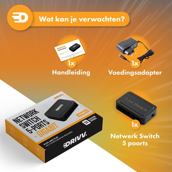 Drivv. Commutateur réseau - Jusqu'à 1000Mbps - 5 Ports - Commutateur Internet - Répartiteur RJ45 - noir