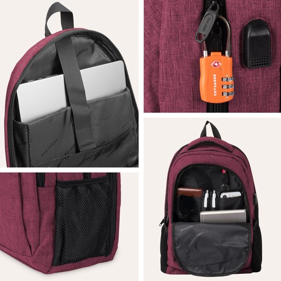 TRVLMORE Sac à dos à vie - Sac à dos avec compartiment pour ordinateur portable 17 pouces - Cartable - Résistant aux éclaboussures - Hommes et femmes - Garçons et filles - 36L - Bourgogne