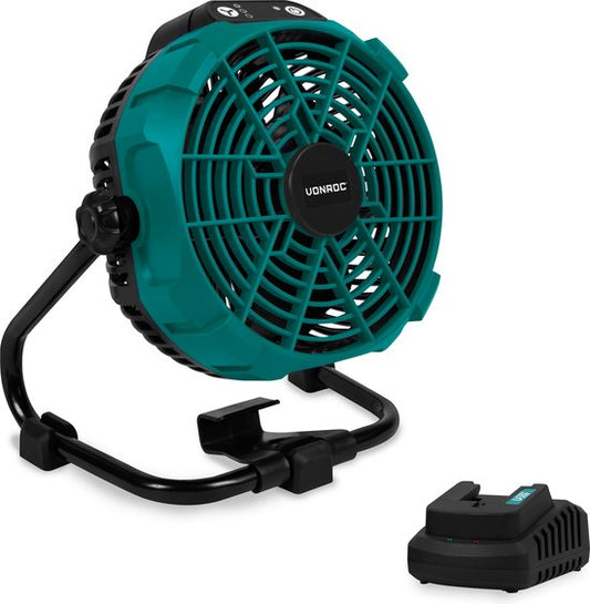 Ventilateur VONROC 20V - pour utilisation avec ou sans fil - Adaptateur secteur inclus - Batterie 20V - 2.0Ah et chargeur rapide inclus