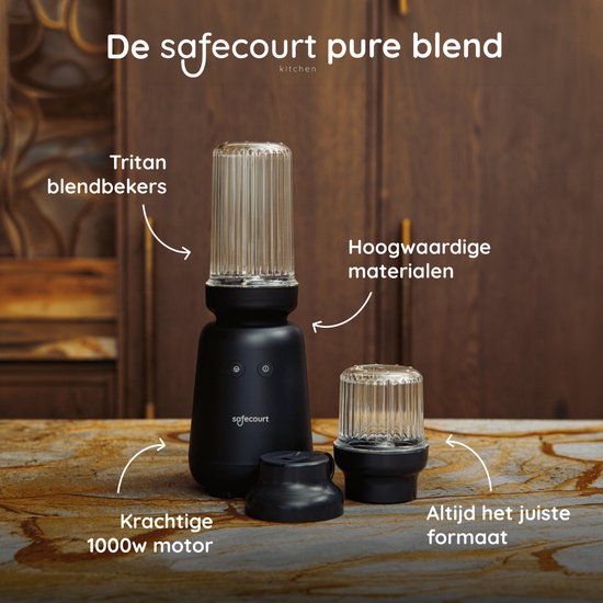Safecourt Kitchen PureBlend - 1000W Smoothie maker - BPA free - includes to-go drinking lid + straw- Premium Tritan blend cups -Black