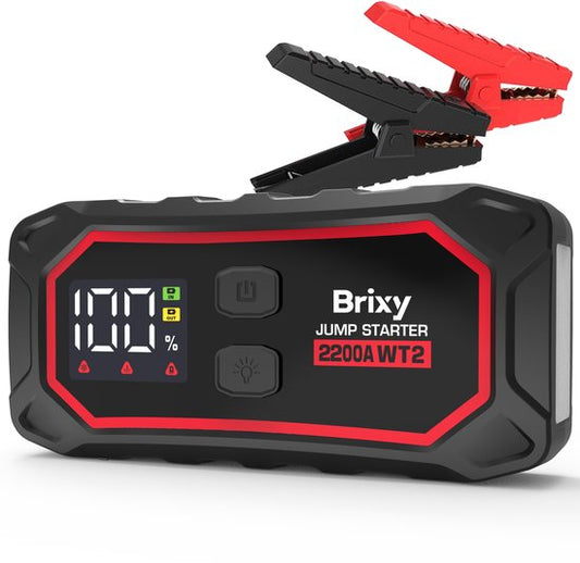 Brixy Jumpstarter pour voiture - 2200A / 16,000 mAH - Aide au démarrage 4-en-1 - Lampe de poche LED, Lumière d'urgence SOS et Powerbank - Rouge/Noir