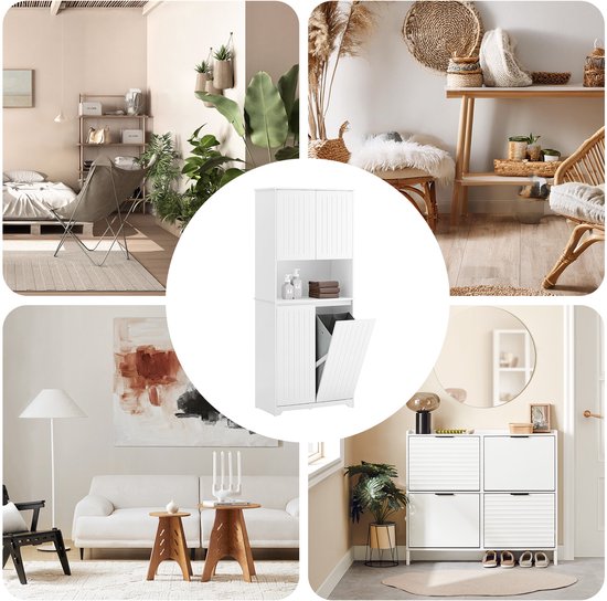 SoBuy BZR150-W Armoire haute de salle de bain avec sac à linge, armoire de salle de bain avec portes, 2 paniers à linge amovibles, étagères réglables, compartiments