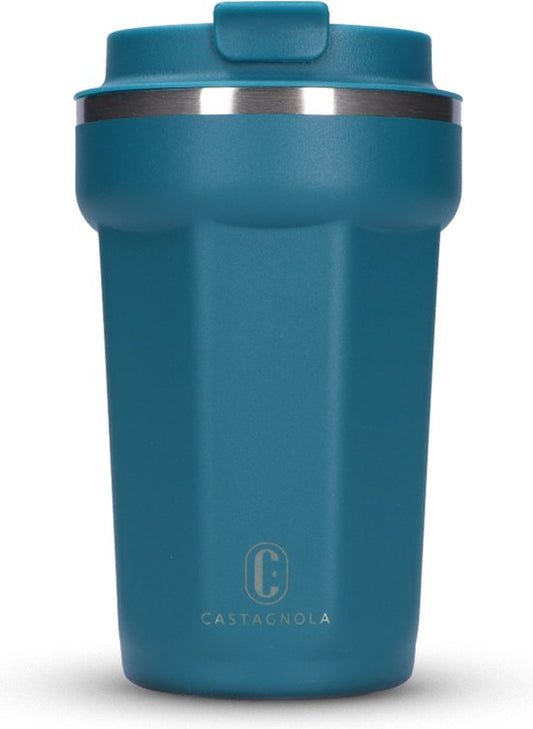 Castagnola Thermos Cup - Coffee Mug To Go - Travel Mug for Coffee and Tea - Tea Mug - 380 ML - Stainless Steel - Blue - Octagon