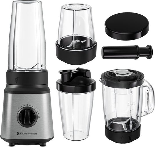 KitchenBrothers Blender - Set complet - 2x 750ml Bowl - Grinder - Tamper - To-Go Cups - Acier inoxydable