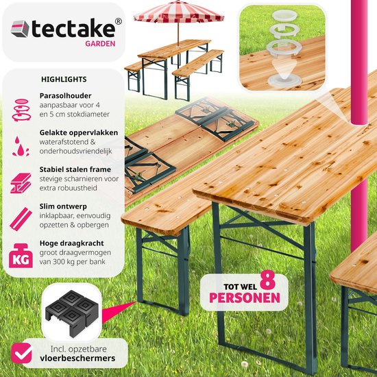 tectake® Ensemble de tentes à bière avec table et 2x bancs à bière, avec porte-parasol - ensemble de tentes à bière, meubles de balcon avec 1x table pliante et 2x bancs à bière, pliant, 170 x 46 x 78 cm, laqué