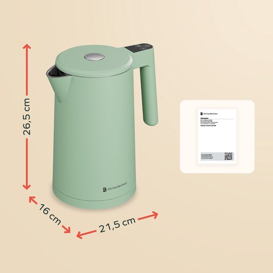 KitchenBrothers Bouilloire - 1,7L - Avec contrôle de la température - Électrique - Fonction maintien au chaud - Affichage - Double paroi - Cool-touch - 2200W - Vert pastel
