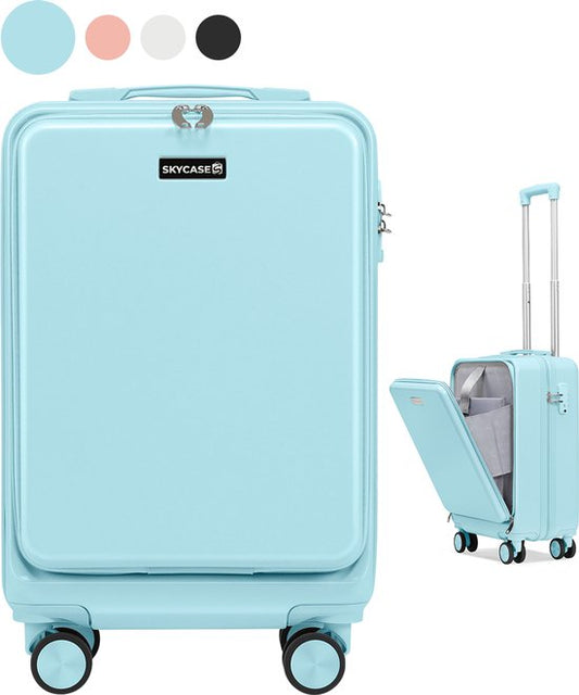 Skycases Hand Luggage Suitcase 35L - Lightweight Trolley - Spinner Wheels - TSA Lock and Laptop Compartment - Travel Suitcase with Handy Front Pocket - 55 cm - Light Blue