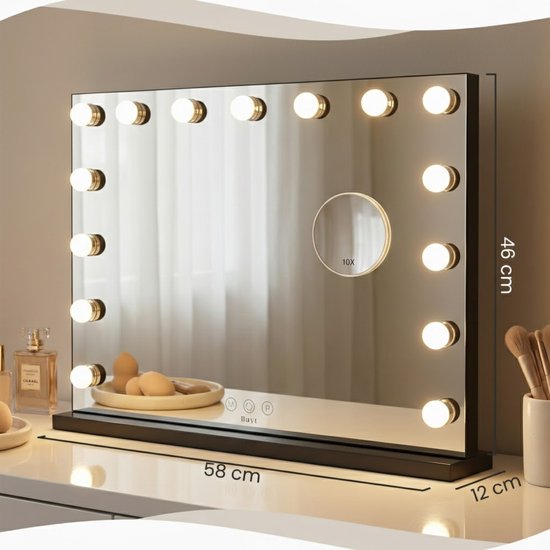 Bayt Hollywood Mirror with Lighting - Miroir de maquillage avec éclairage - Miroir avec éclairage - Dimmable - Grossissement 10x - 58x46cm - Noir