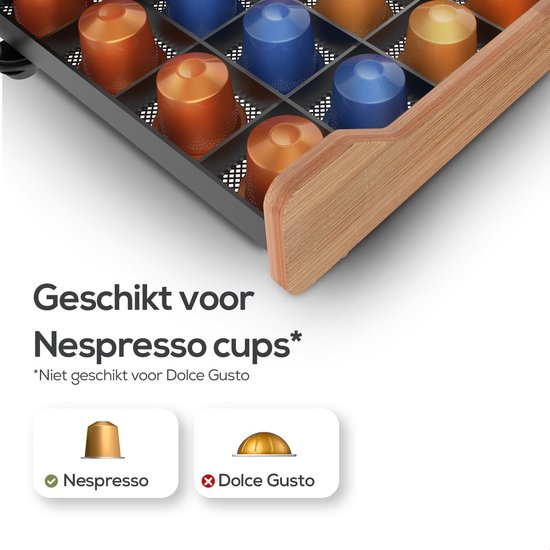 KitchenLove Porte-capsules Nespresso - Porte-tasses - Avec tiroir - Pour tasses à café - 60 tasses - Noir avec bois de bambou