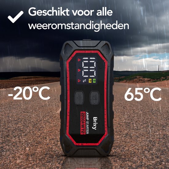 Brixy Jumpstarter pour voiture - 2200A / 16,000 mAH - Aide au démarrage 4-en-1 - Lampe de poche LED, Lumière d'urgence SOS et Powerbank - Rouge/Noir