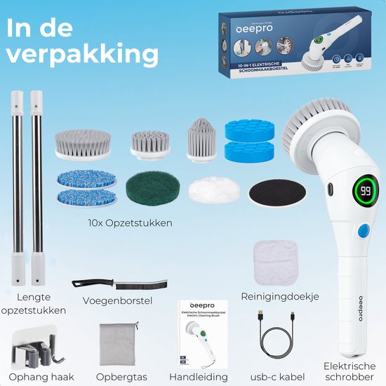 Beepro - Brosse de nettoyage électrique - Brosse avec manche - 10 accessoires