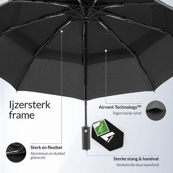 Parapluie tempête Nohrd - Noir - Parapluie pliable - Perméable au vent - 140 km/h - Parapluies tempête - Pliage et dépliage automatique - Parapluies - Housse de protection incluse