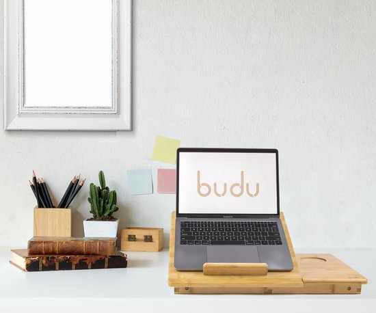 Budu Table pour ordinateur portable - Table de lit - Table de canapé - Table pour ordinateur portable réglable - Table pour ordinateur portable en bois de bambou - Support pour ordinateur portable - Table pour petit déjeuner - Petit déjeuner au lit