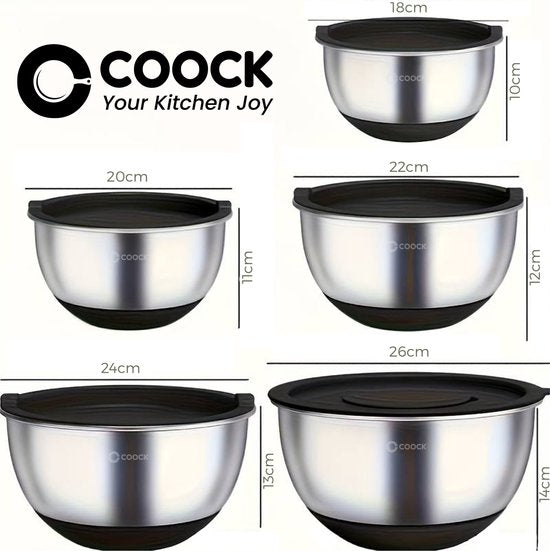 COOCK inox - Set de bols à mélanger avec couvercle - Bols à frire avec couvercle - Bol de stockage avec râpe - Bol pour salades et mélanges - Set de 22 pièces de 1,5 à 5 litres - Cuillères à mesurer incluses