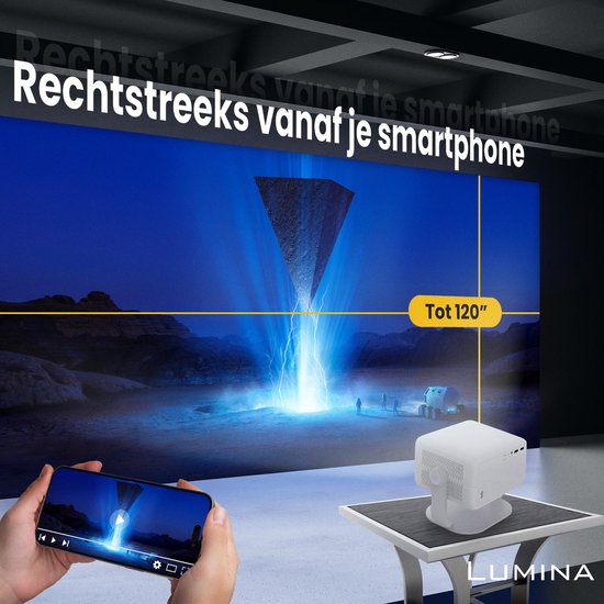 Lumina® Stellar Beamer 2025 - 4K Ultra HD - Écran et redressement automatique - Projecteur Smart TV tout-en-un - Pour iOS et Android - Blanc