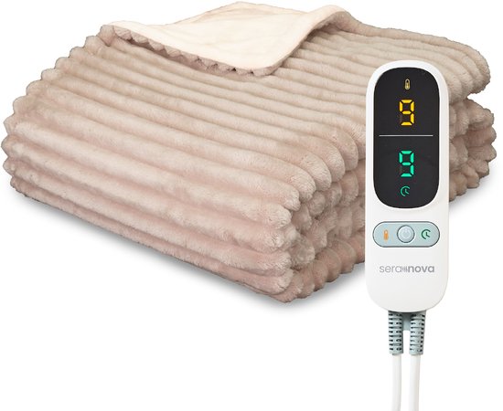 Seranova Couverture électrique XXL - Fils chauffants supplémentaires - Modèle rayé - 180x160 cm - Couverture chauffante pour 2 personnes - Polaire double face - Beige