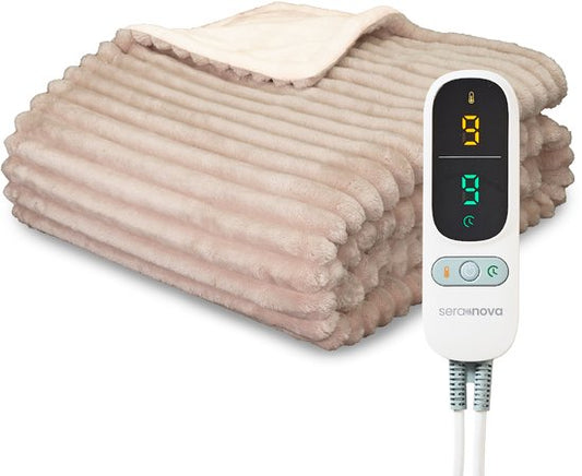 Seranova Couverture électrique XXL - Fils chauffants supplémentaires - Modèle rayé - 180x160 cm - Couverture chauffante pour 2 personnes - Polaire double face - Beige