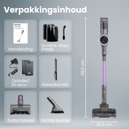Auronic Stick hoover - Sans fil - Sans sac - Sur batterie - Autonome - 350W - Batterie supplémentaire - Aspirateur - Gris/Pourpre