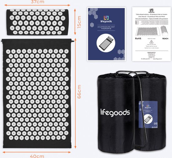 Tapis d'acupression avec coussin LifeGoods - Tapis Shakti - Tapis pour relaxation avec 2 balles - 66x40x2cm - Noir/Blanc