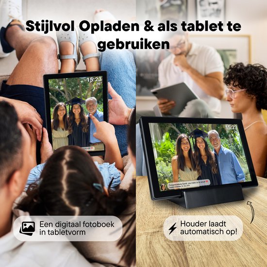 Cadre photo numérique Denver 10,1 pouces - Sans fil - Station de charge incluse - HD - Frameo App - Cadre photo - WiFi - Écran tactile IPS - 16 Go - PFF1070B