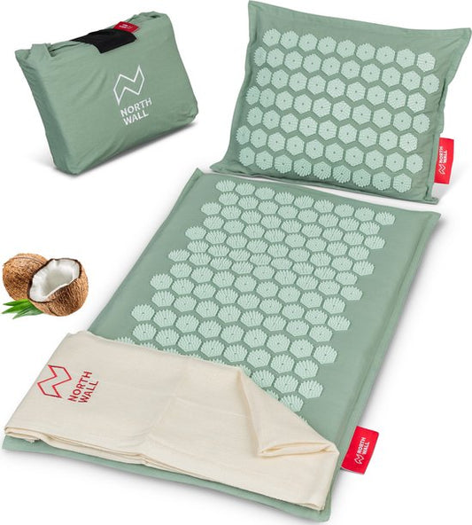 Tapis d'ongles Northwall avec oreiller et sac de transport - Tapis d'acupression avec oreiller pour les ongles - Lit pour les ongles - Acupuncture - Méditation - Massage Shakti - Vert