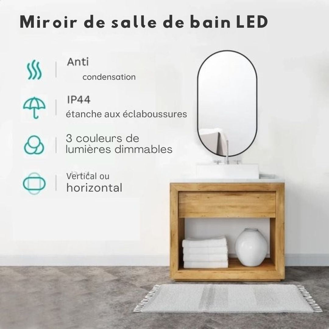 Miroir de salle de bain - Mirlux - avec éclairage LED et chauffage - ovale - anti-condensation - 90x50CM - noir