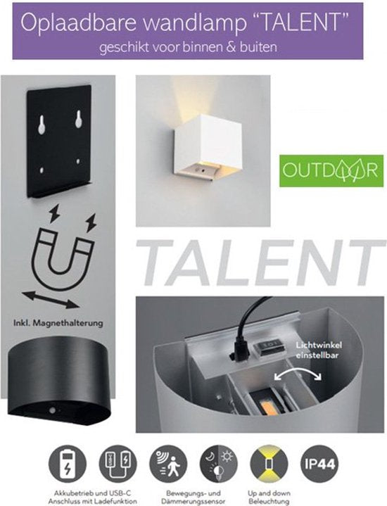 REALITY TALENT - Applique murale - Blanc mat - incl. 2x SMD 1W - Rechargeable - Sans fil - Détecteur de mouvement - Détecteur crépusculaire - Alimentation par batterie - Eclairage extérieur - IP44