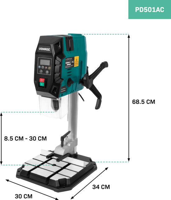 Perceuse à colonne VONROC 900W - perceuse de table - panneau de contrôle digital avec écran LCD - laser de ligne transversale et lampe de travail LED - Comprend une pince rapide, une pince de perçage et un guide de parallélisme
