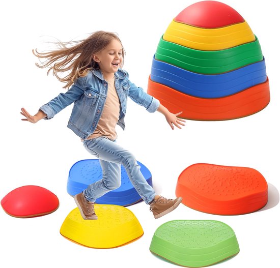 Qwali Stacking stones set - 5 pieces - Montessori - Toys - Educational - Step - Stepping stones - Children - Educational games - Balance - Motor skills - River stones - Board - Balance game - Balance