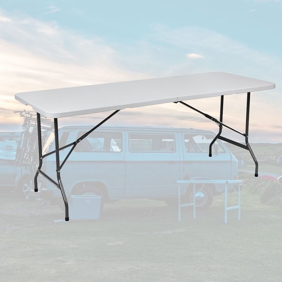 BRASQ Table pliante pliable blanche - 180x70x74cm- Table de camping - Table pliante - Résistante aux intempéries - Table avec poignée de transport