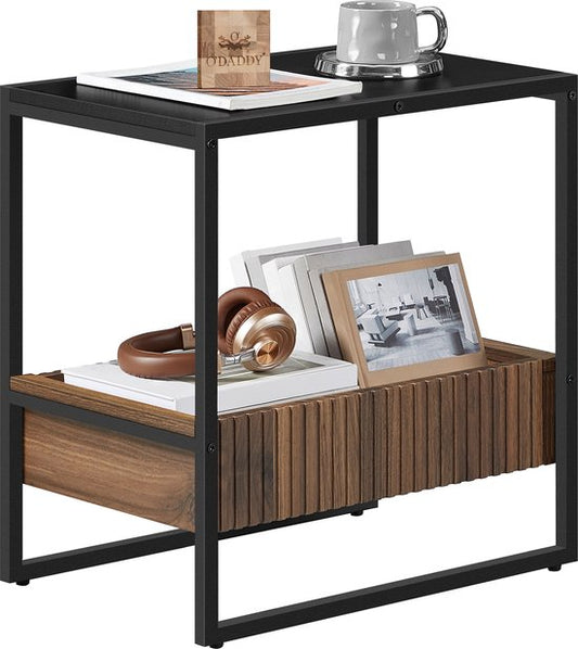 O'DADDY® Side Table - Table carrée - Avec tiroir réglable - Table d'appoint - Table basse - Table de chevet - 55x35x55 cm - Métal noir/bois brun