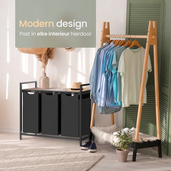O'DADDY® Laundry Basket 3 Boxes - Trieur de linge - Extensible - Assemblage facile - 92.5 x 33 x 71 cm - Capacité 114L - 3 Sacs - Bois brun - Métal noir - Paniers à linge - Boîte à linge