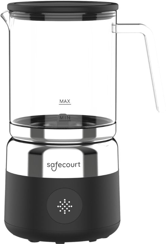 Safecourt Kitchen Glass Milk Frother - Mousseur à lait électrique - Cruche en verre & sans PFAS - Lavable au lave-vaisselle - Noir - MF700