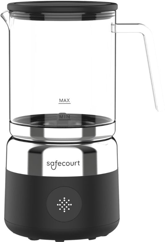 Safecourt Kitchen Glass Milk Frother - Mousseur à lait électrique - Cruche en verre & sans PFAS - Lavable au lave-vaisselle - Noir - MF700