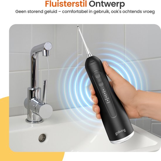 Fil dentaire Goliving - 5 accessoires - 4 supports - sac de voyage inclus - bain de bouche 300 ml - Fil dentaire électrique - sans fil et rechargeable par USB - noir
