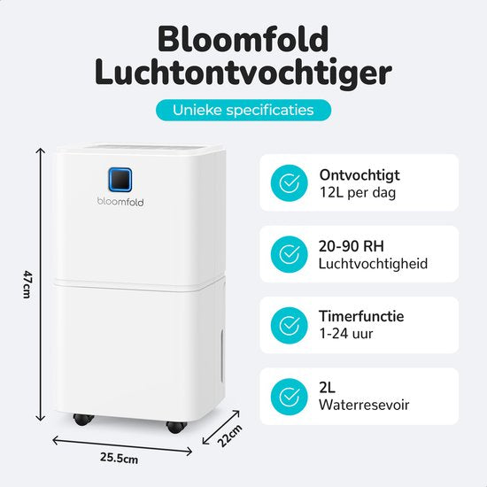 Déshumidificateur Bloomfold - 12L par jour - Fonction Lavage-Séchage incluse - Convient au salon, à la chambre et à la salle de bain - Déshumidificateur - Blanc