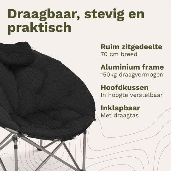 TRVLMORE Chaise de camping XL - pliable - capacité de charge de 150 kg - sac de transport inclus - chaise pliante - chaise de camping - chaise pliante - noir