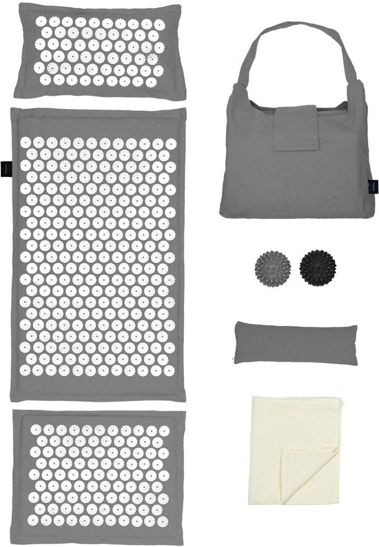 LifeGoods Acupressure Mat Eco - Set complet - oreiller / sac de transport / 2x Trigger Point Ball - Shakti mat - Nail Mat - 72x43x2cm - Gris/Blanc