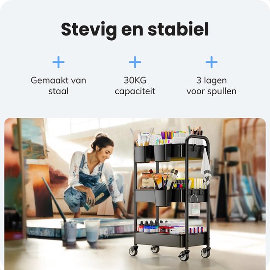 Chariot de cuisine sur roulettes - 3 étages - Rayonnage - Service - Chariot - Armoire - Rangement - Armoires de douche debout - Rayonnage - Noir - Luft