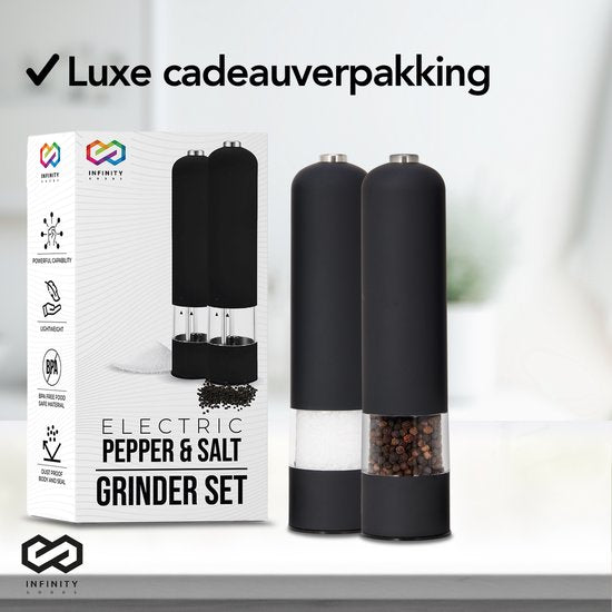 Infinity Goods Moulin à poivre et à sel électrique - Moulin à poivre - Moulin à sel - Moulin à épices - Noir