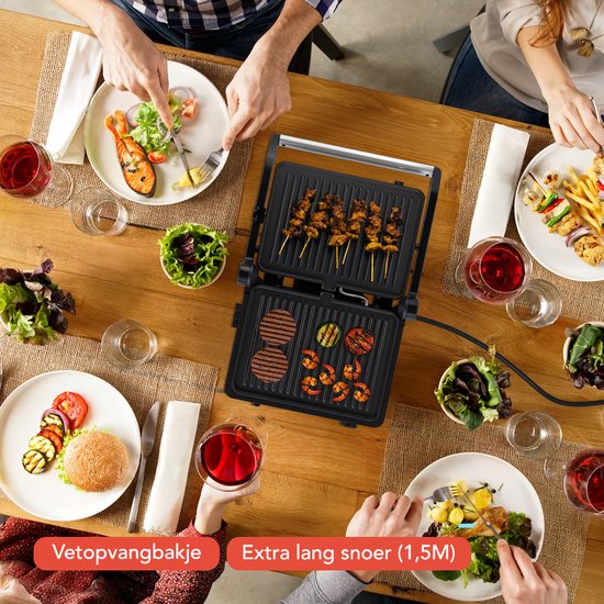 KitchenBrothers Contact Grill - Appareil à griller - Plaques de gril amovibles - Gril à panini - 3 réglages de hauteur - Fer à toasti - 2000W - acier inoxydable