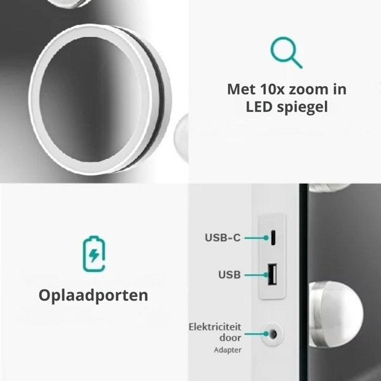 Mirlux Hollywood Mirror 58x48CM - Port de charge USB & USB-C - Zoom 10x - 3 modes de lumière dimmable - Miroir de maquillage - Eclairage LED - Suspendable - Blanc