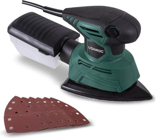 VONROC Multi ponceuse - Ponceuse à palettes - 130W - Avec bac de récupération des poussières et 6 pièces de papier de verre