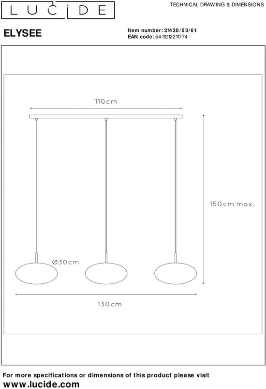 Lucide ELYSEE - Lampe suspendue - 3xE27 - Opale