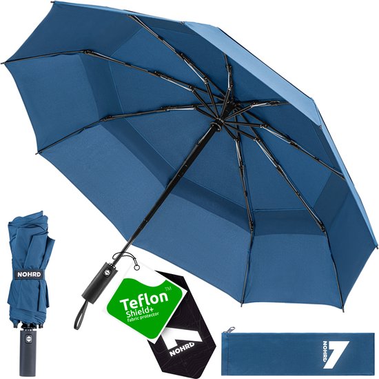 Parapluie Nohrd Storm - Bleu - Parapluie pliable - Perméable au vent - 140 km/h - Parapluies Storm - Pliage et dépliage automatique - Parapluies - Housse de protection incluse