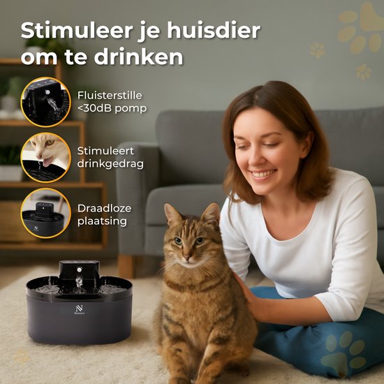 Nuvance Drinking Fountain Cat - Fontaine à eau 2.2L - avec capteur - filtre inclus - fontaine à chat silencieuse et automatique - sans fil
