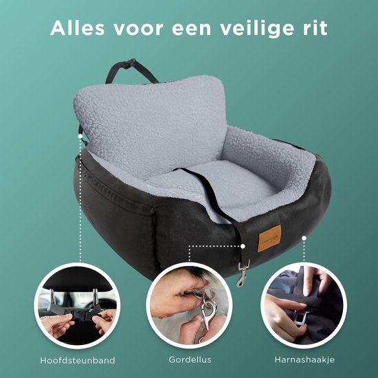 Siège auto pour chien CozySense® - Panier auto pour chien avec sangle de sécurité et compartiment de rangement - Pour petit chien - Siège avant ou arrière - Noir/Gris