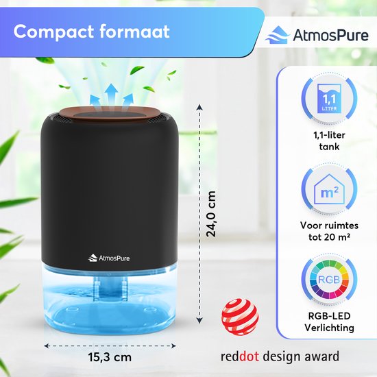 Déshumidificateur AtmosPure® AirDry Compact - Déshumidifie 500 ml par jour - Extrêmement silencieux - LED RGB - Purificateur d'air pour le salon, la chambre et la salle de bain